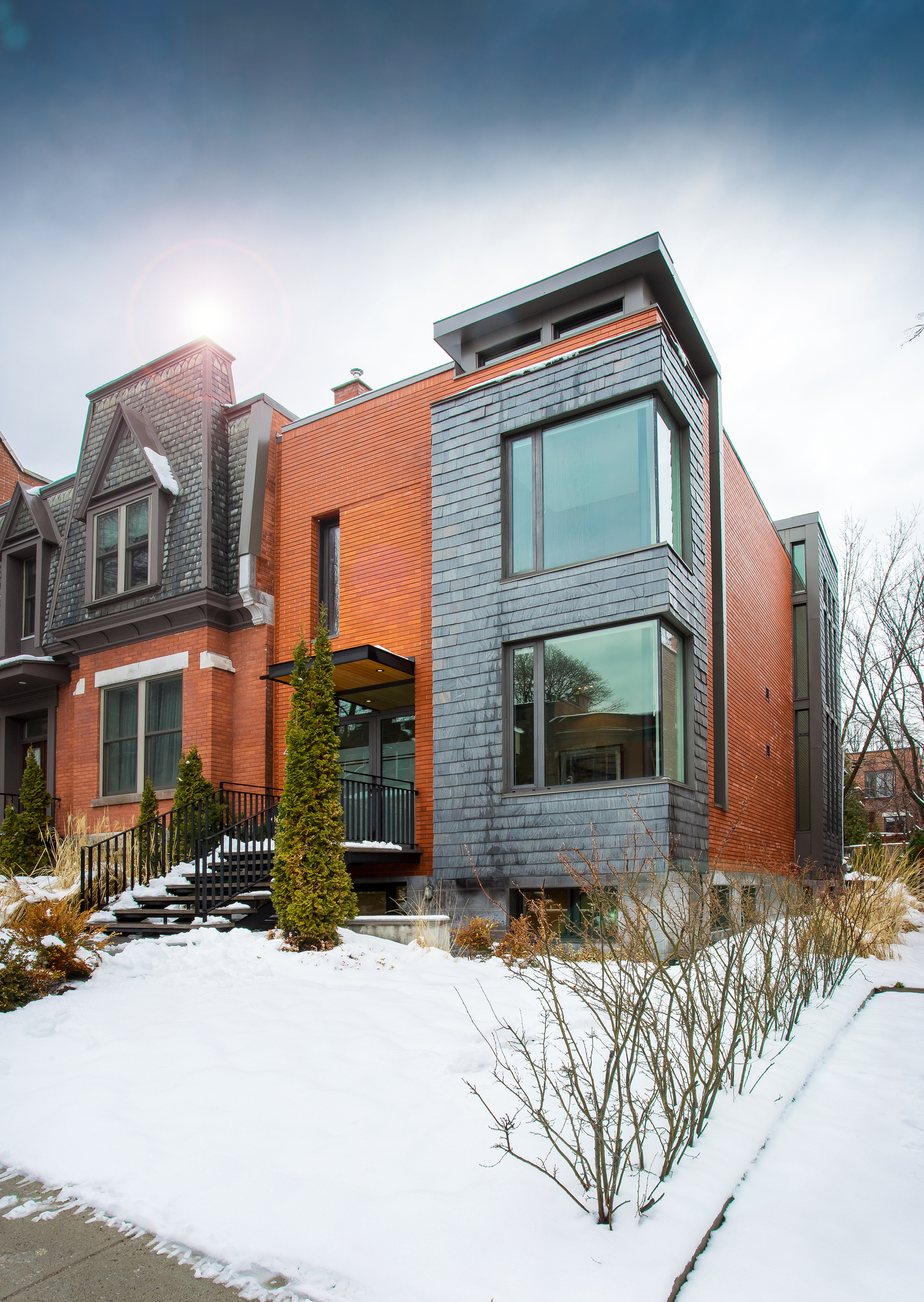 Contemporary Westmount townhouse exterior in winter