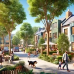 Tree-lined Montreal neighbourhood street with colourful townhouses in summer