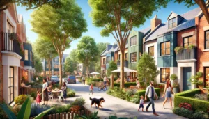 Tree-lined Montreal neighbourhood street with colourful townhouses in summer