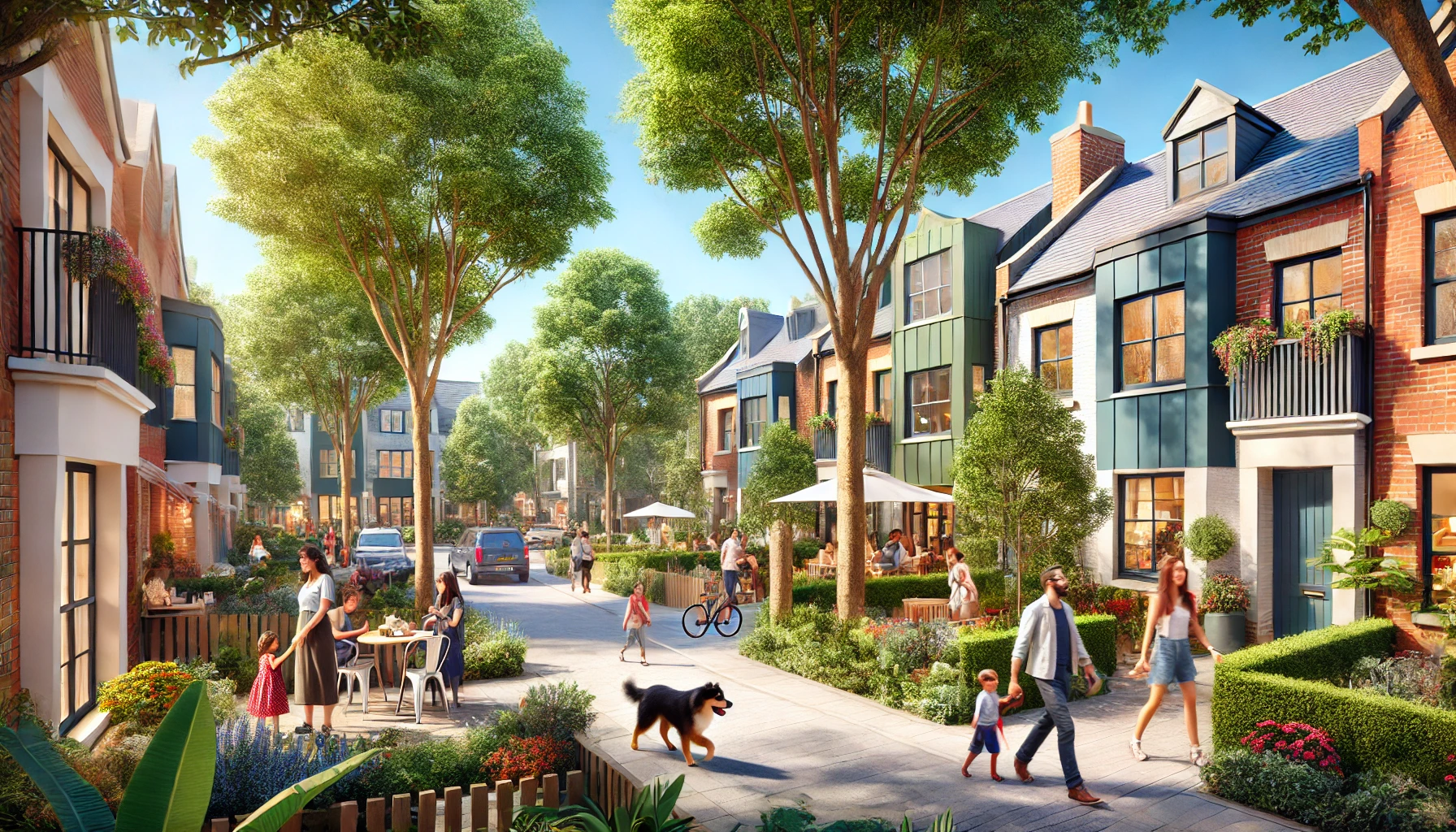 Tree-lined Montreal neighbourhood street with colourful townhouses in summer