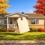 Quebec bungalow in autumn with a blank price tag tied to the porch post