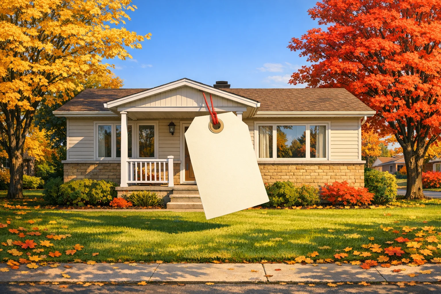 Quebec bungalow in autumn with a blank price tag tied to the porch post